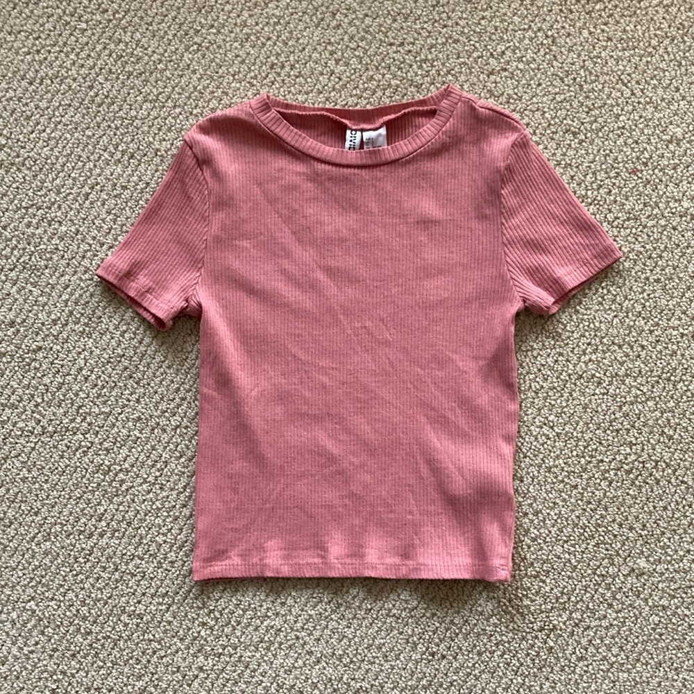 NEW H&M Ribbed Crop Top T-Shirt Pink Salmon Baby Tee Size Small S Bodycon NWOT